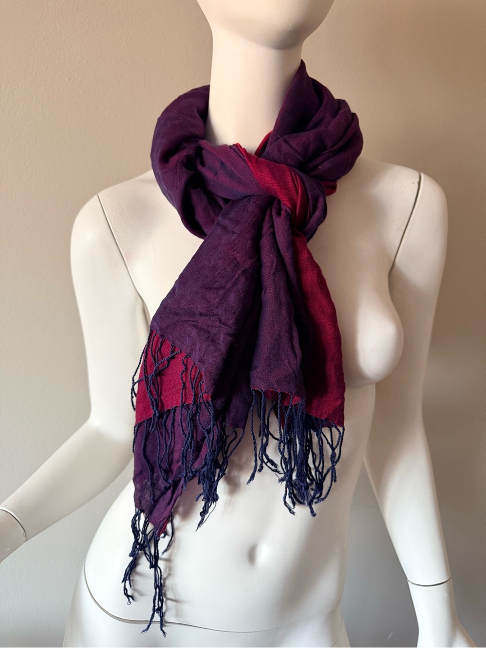100% SILK Purple & Magenta Lightweight Fringe Scarf Made in INDIA